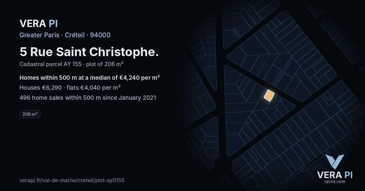 5 Rue Saint Christophe, Créteil at night – the plot lit, the parcels around coloured by the prices near them