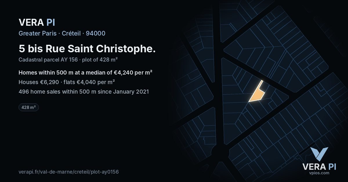 5 bis Rue Saint Christophe, Créteil at night – the plot lit, the parcels around coloured by the prices near them