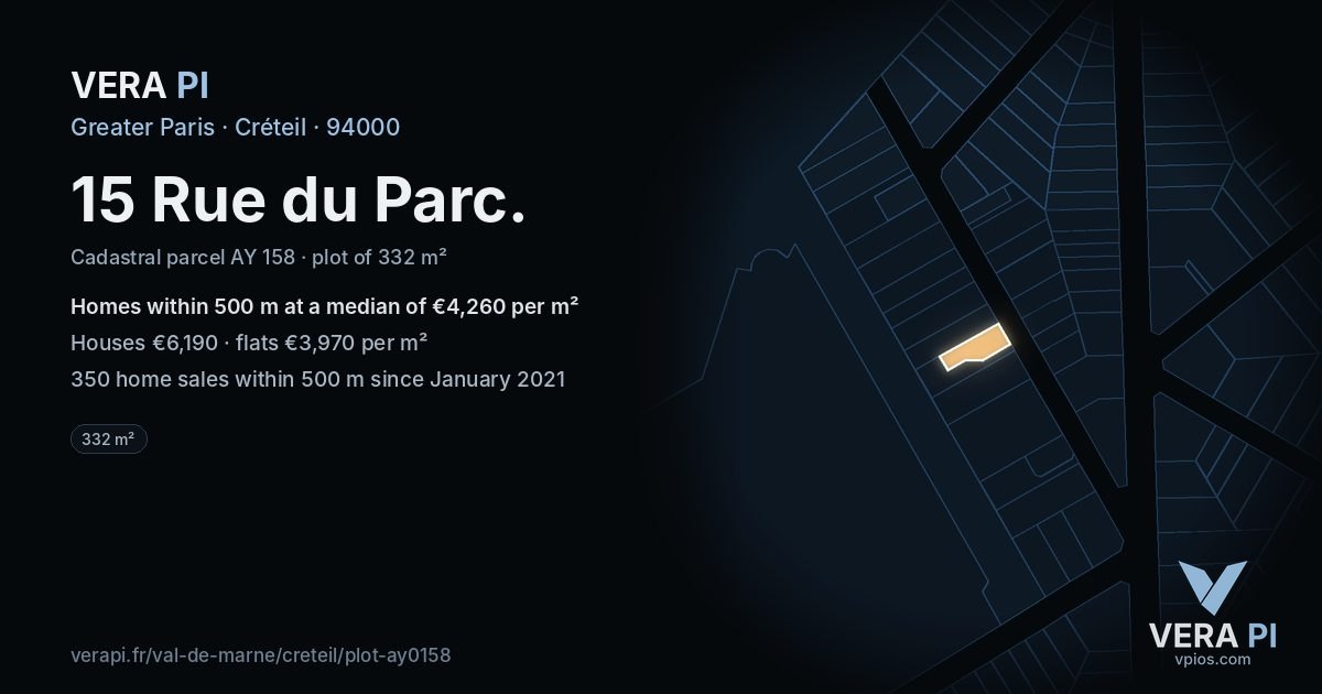 15 Rue du Parc, Créteil at night – the plot lit, the parcels around coloured by the prices near them