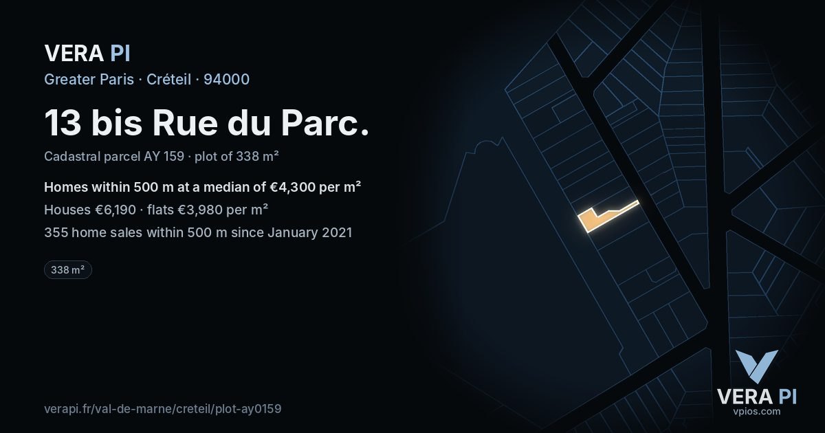 13 bis Rue du Parc, Créteil at night – the plot lit, the parcels around coloured by the prices near them