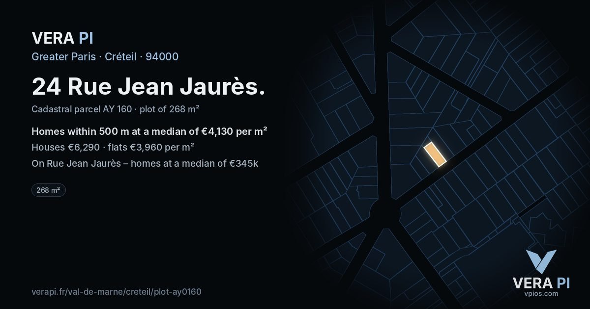 24 Rue Jean Jaurès, Créteil at night – the plot lit, the parcels around coloured by the prices near them