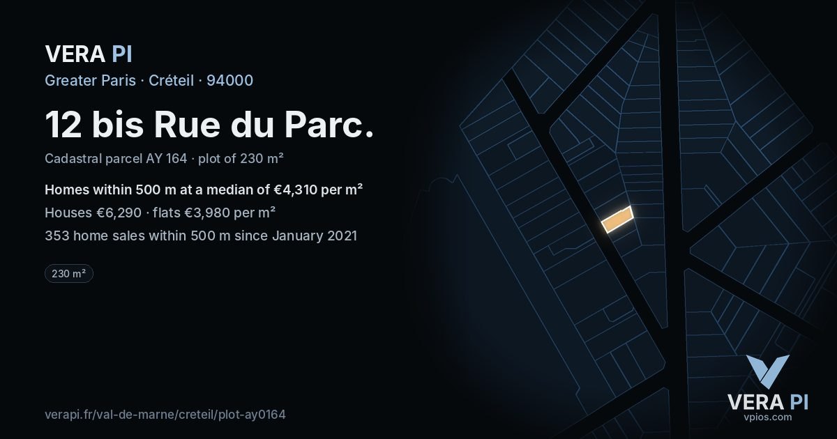 12 bis Rue du Parc, Créteil at night – the plot lit, the parcels around coloured by the prices near them