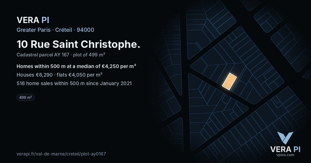 10 Rue Saint Christophe, Créteil at night – the plot lit, the parcels around coloured by the prices near them