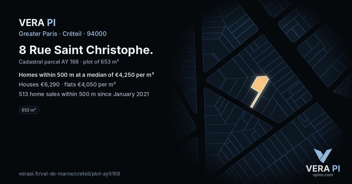 8 Rue Saint Christophe, Créteil at night – the plot lit, the parcels around coloured by the prices near them