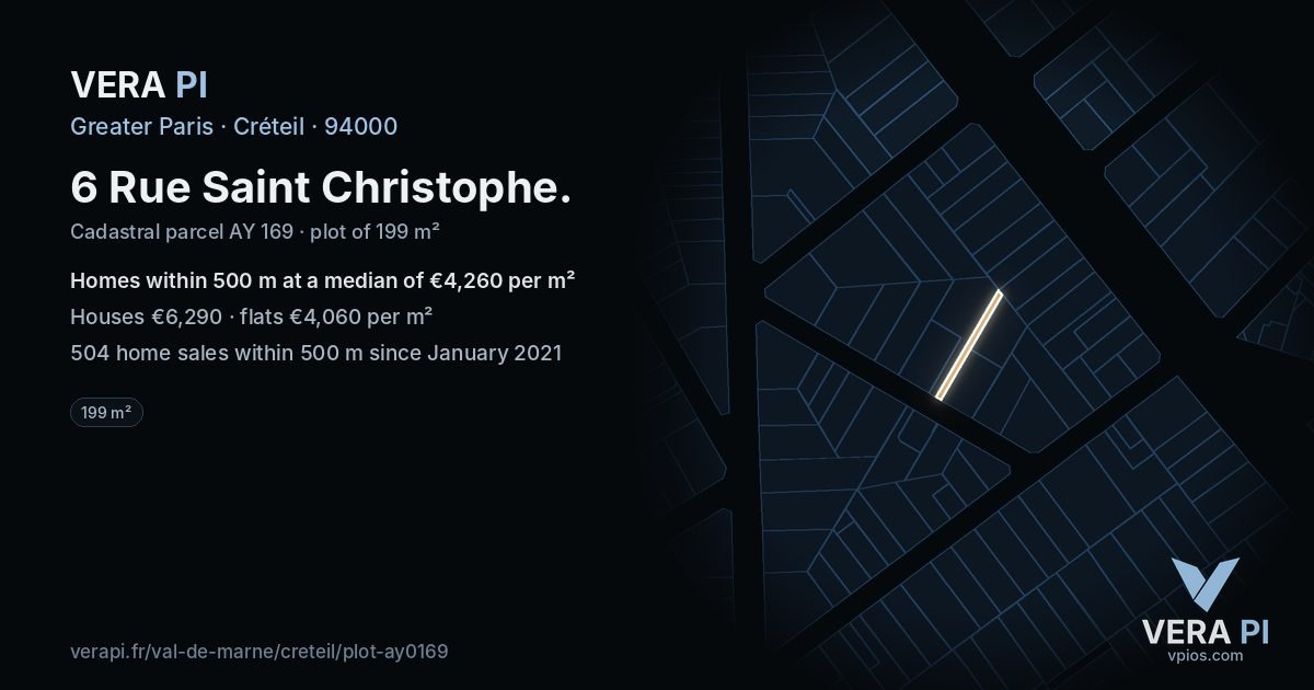 6 Rue Saint Christophe, Créteil at night – the plot lit, the parcels around coloured by the prices near them