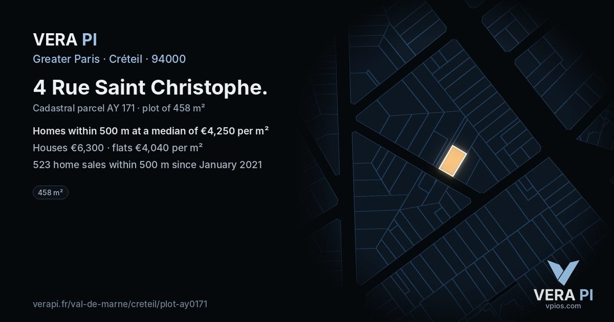 4 Rue Saint Christophe, Créteil at night – the plot lit, the parcels around coloured by the prices near them