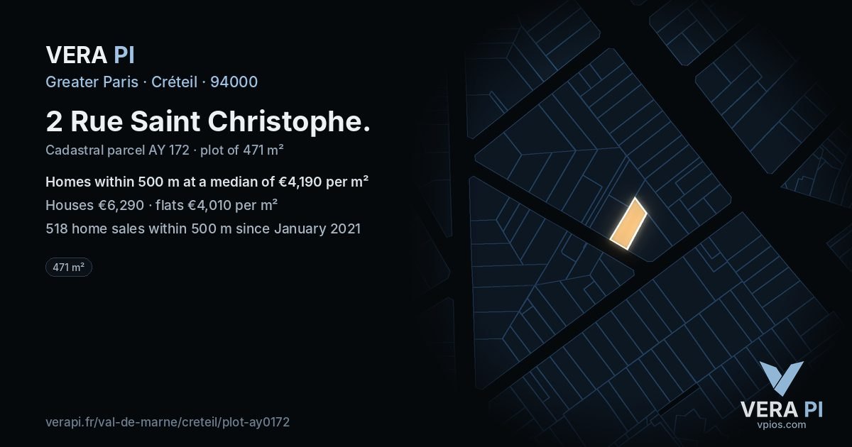 2 Rue Saint Christophe, Créteil at night – the plot lit, the parcels around coloured by the prices near them