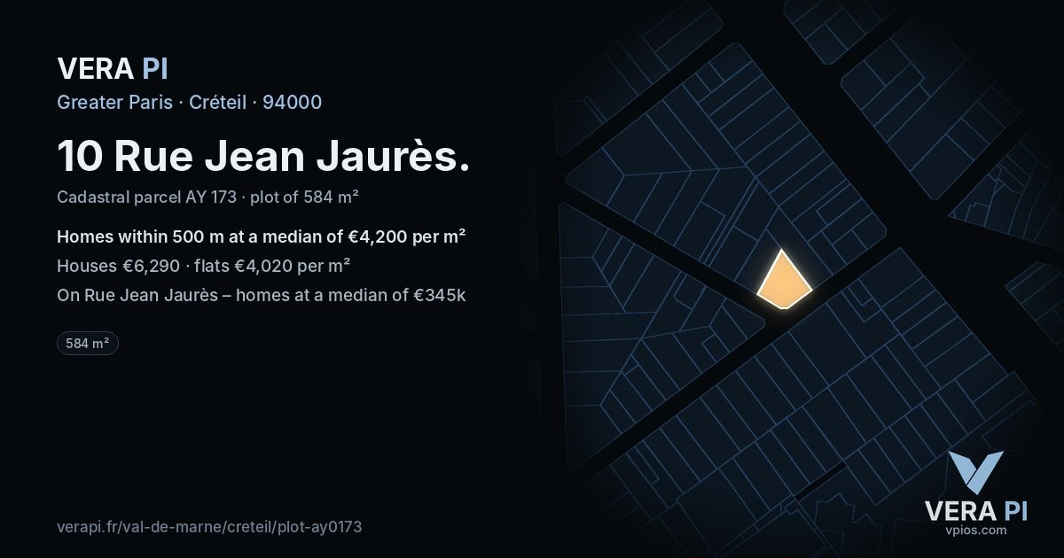 10 Rue Jean Jaurès, Créteil at night – the plot lit, the parcels around coloured by the prices near them