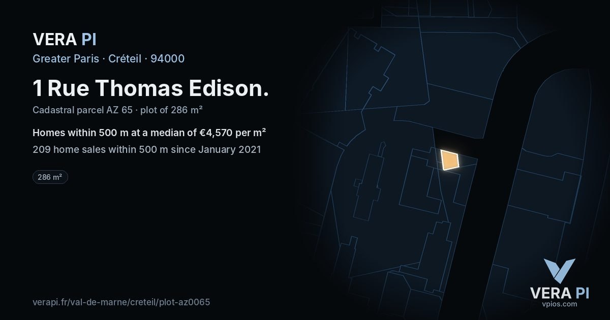 1 Rue Thomas Edison, Créteil at night – the plot lit, the parcels around coloured by the prices near them