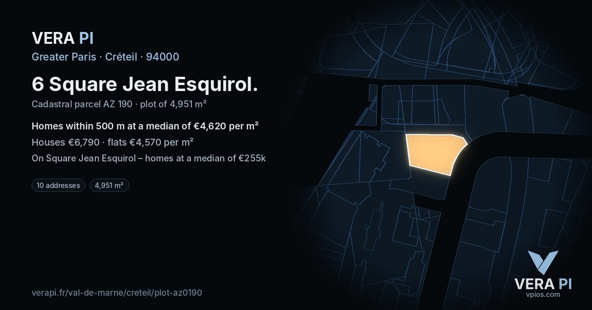 6 Square Jean Esquirol, Créteil at night – the plot lit, the parcels around coloured by the prices near them
