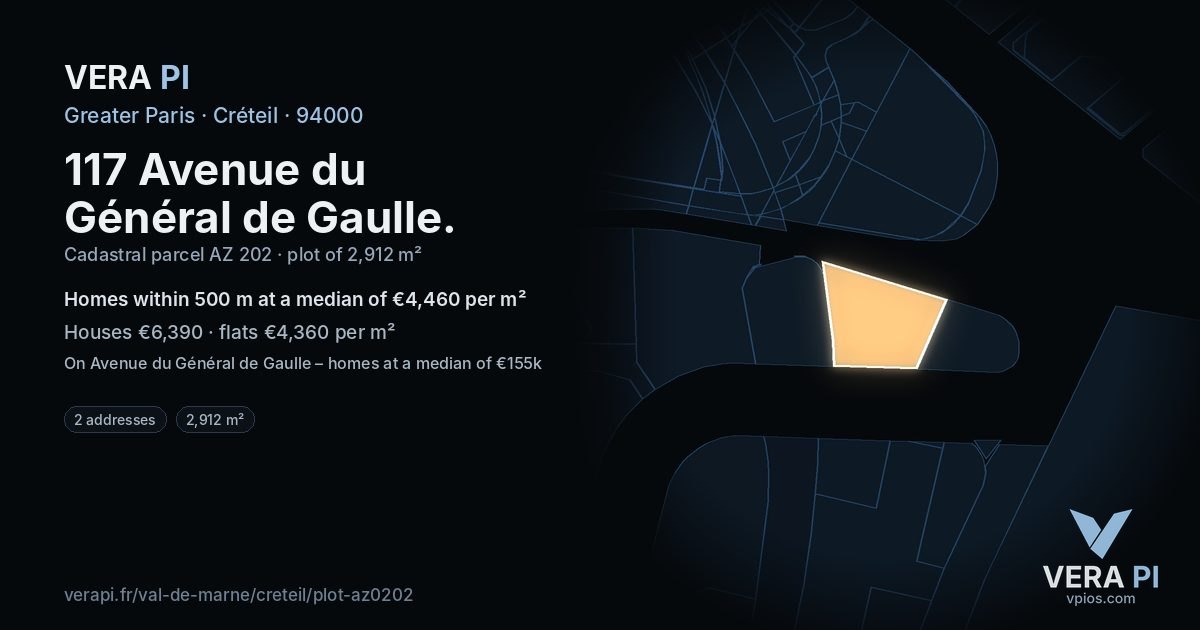 117 Avenue du Général de Gaulle, Créteil at night – the plot lit, the parcels around coloured by the prices near them