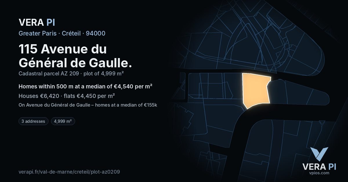 115 Avenue du Général de Gaulle, Créteil at night – the plot lit, the parcels around coloured by the prices near them