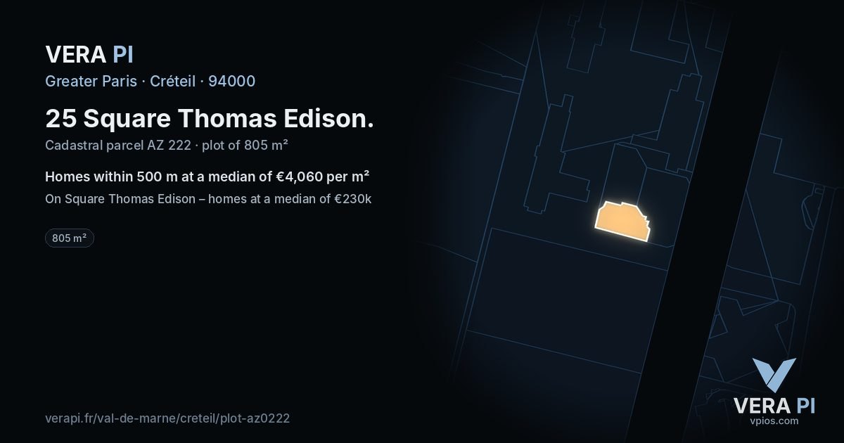 25 Square Thomas Edison, Créteil at night – the plot lit, the parcels around coloured by the prices near them