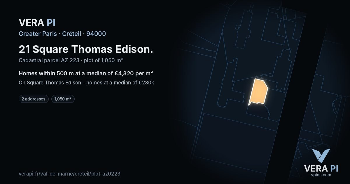 21 Square Thomas Edison, Créteil at night – the plot lit, the parcels around coloured by the prices near them