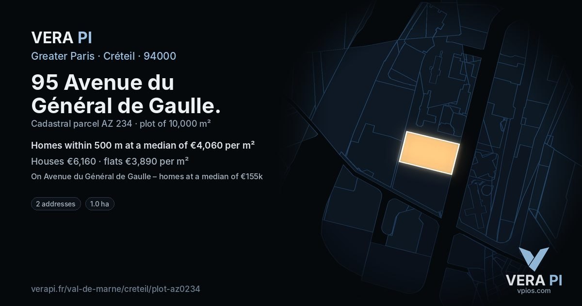 95 Avenue du Général de Gaulle, Créteil at night – the plot lit, the parcels around coloured by the prices near them
