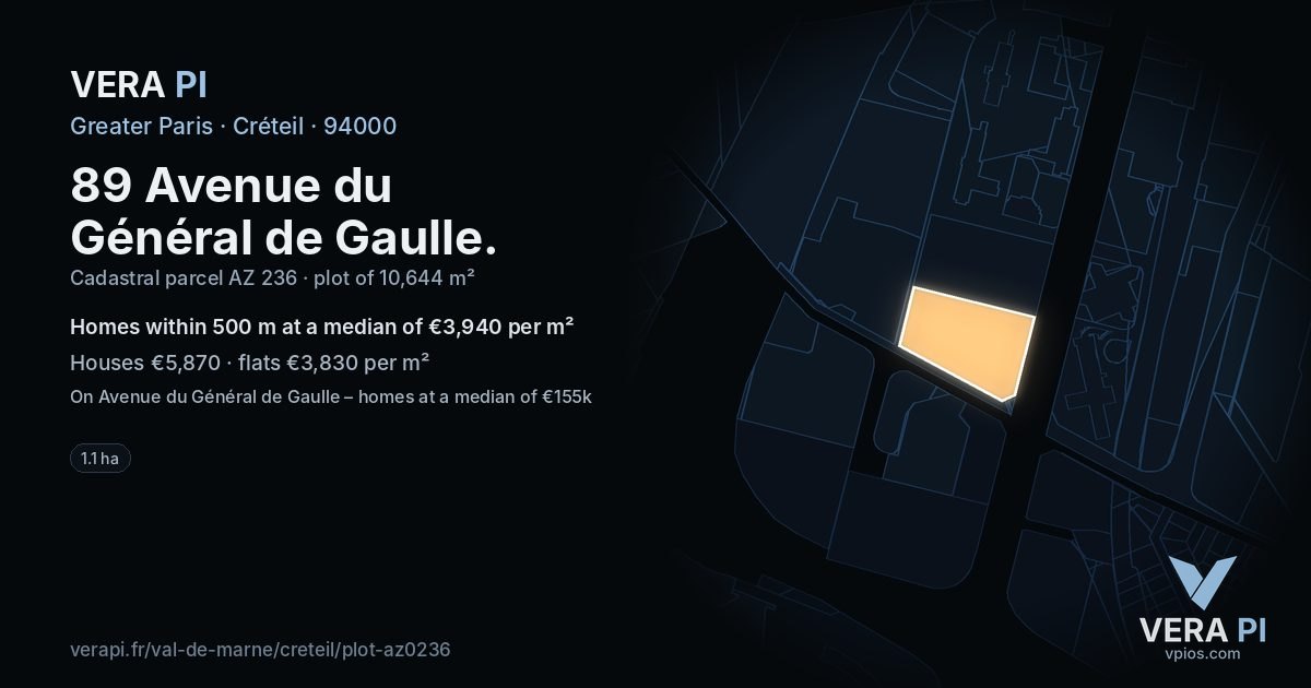 89 Avenue du Général de Gaulle, Créteil at night – the plot lit, the parcels around coloured by the prices near them