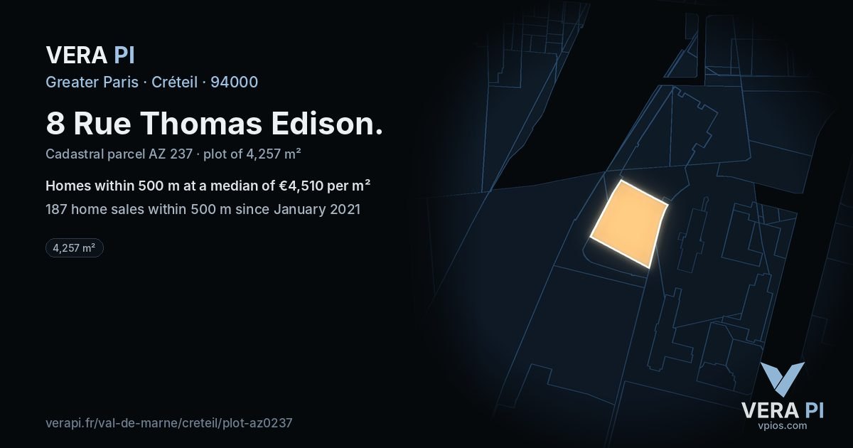 8 Rue Thomas Edison, Créteil at night – the plot lit, the parcels around coloured by the prices near them