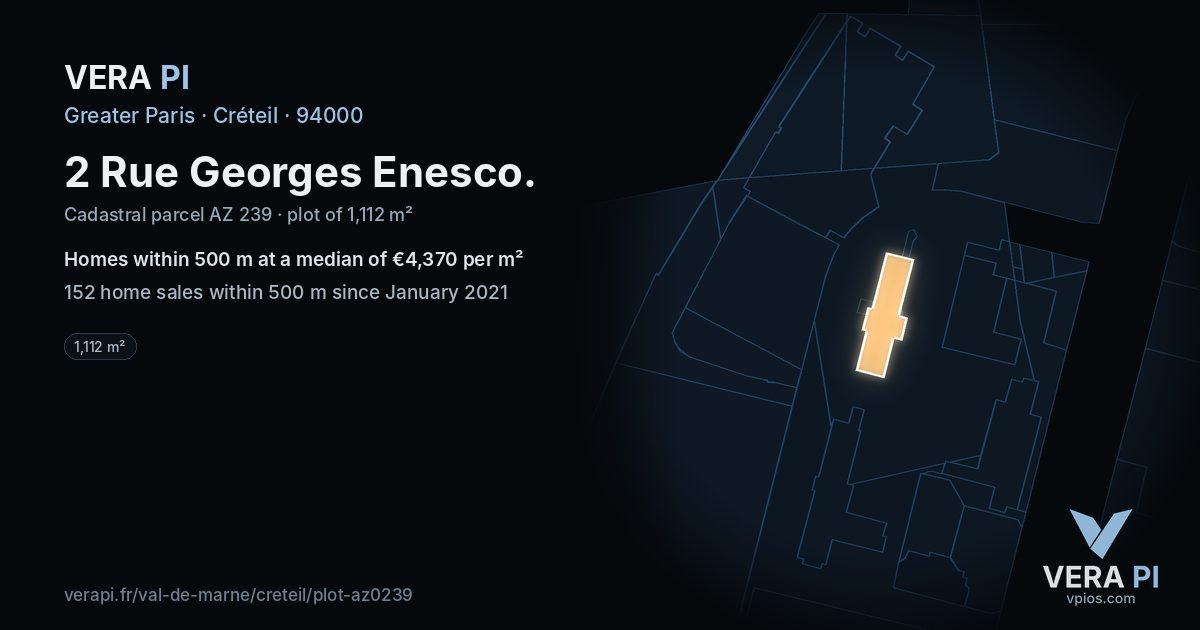 2 Rue Georges Enesco, Créteil at night – the plot lit, the parcels around coloured by the prices near them