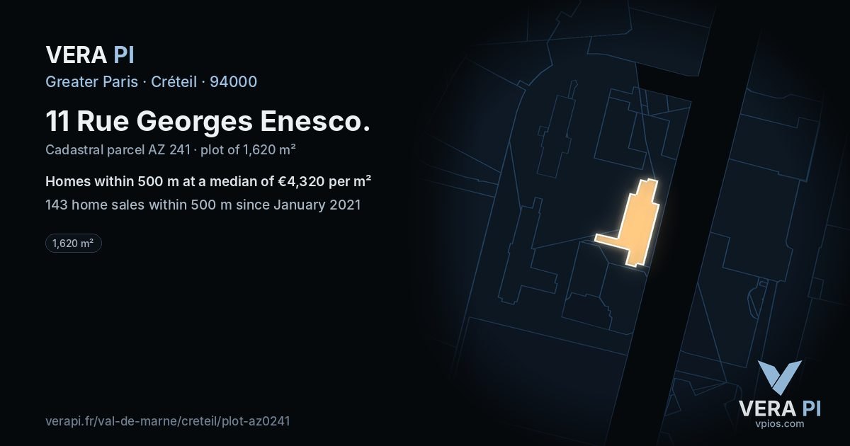 11 Rue Georges Enesco, Créteil at night – the plot lit, the parcels around coloured by the prices near them