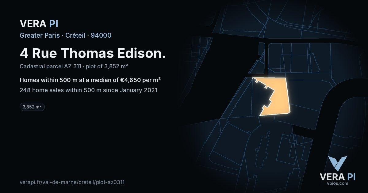4 Rue Thomas Edison, Créteil at night – the plot lit, the parcels around coloured by the prices near them