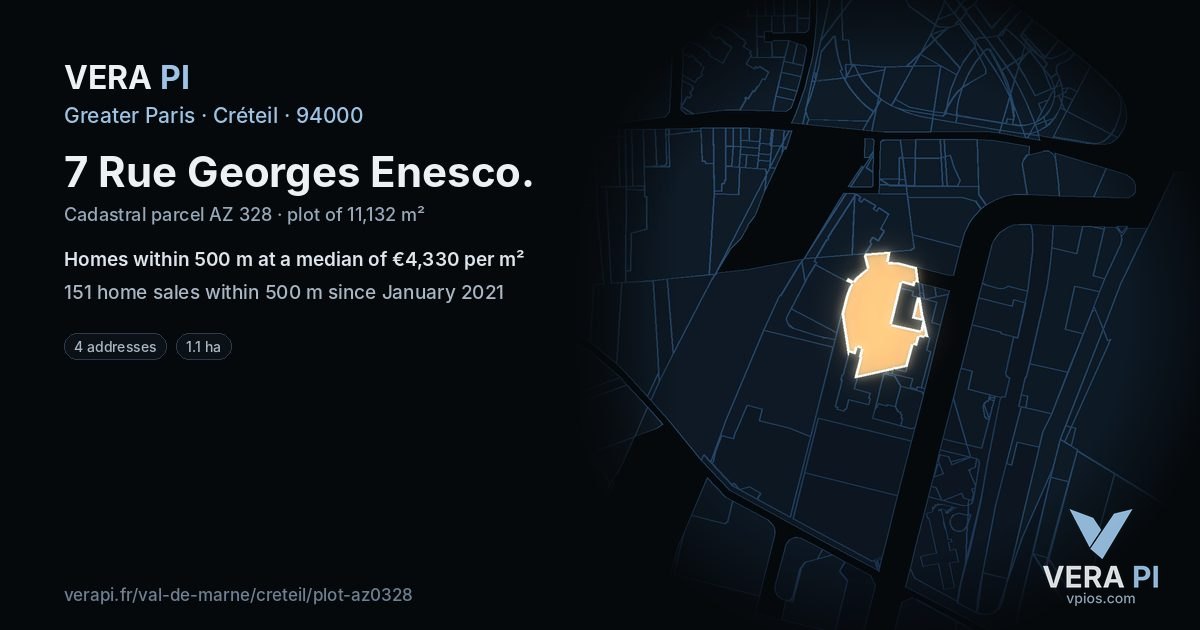 7 Rue Georges Enesco, Créteil at night – the plot lit, the parcels around coloured by the prices near them
