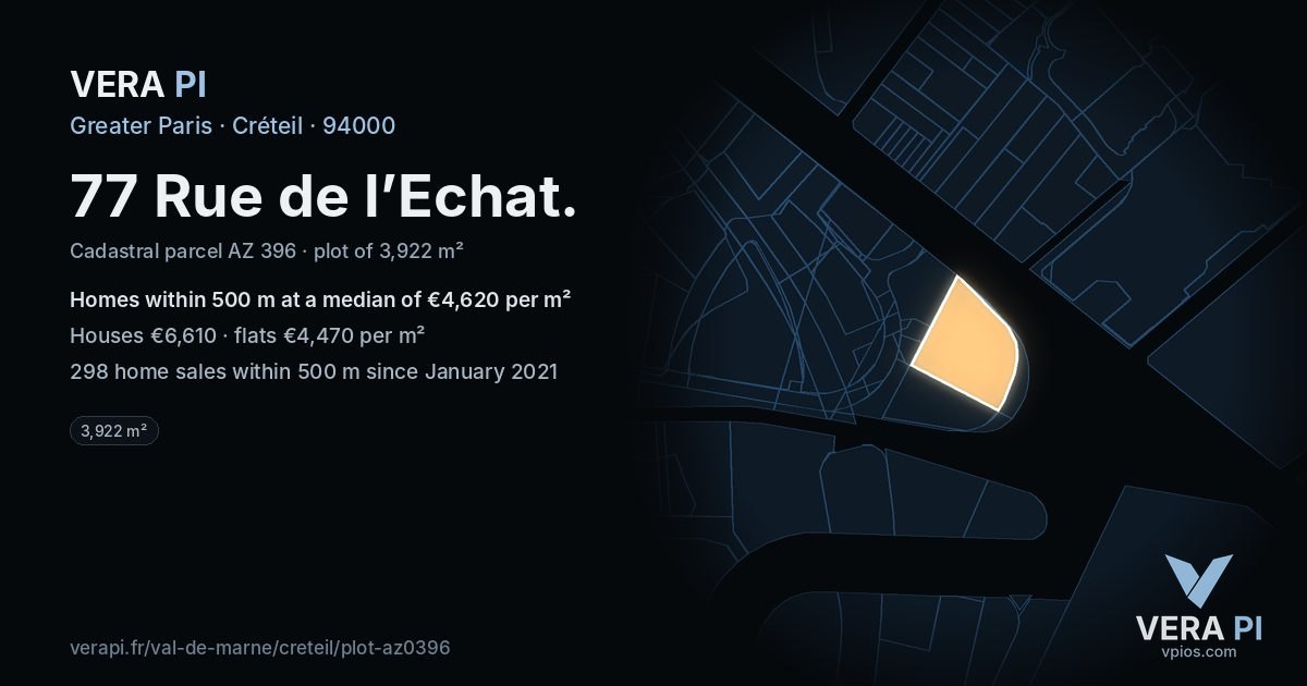 77 Rue de l’Echat, Créteil at night – the plot lit, the parcels around coloured by the prices near them