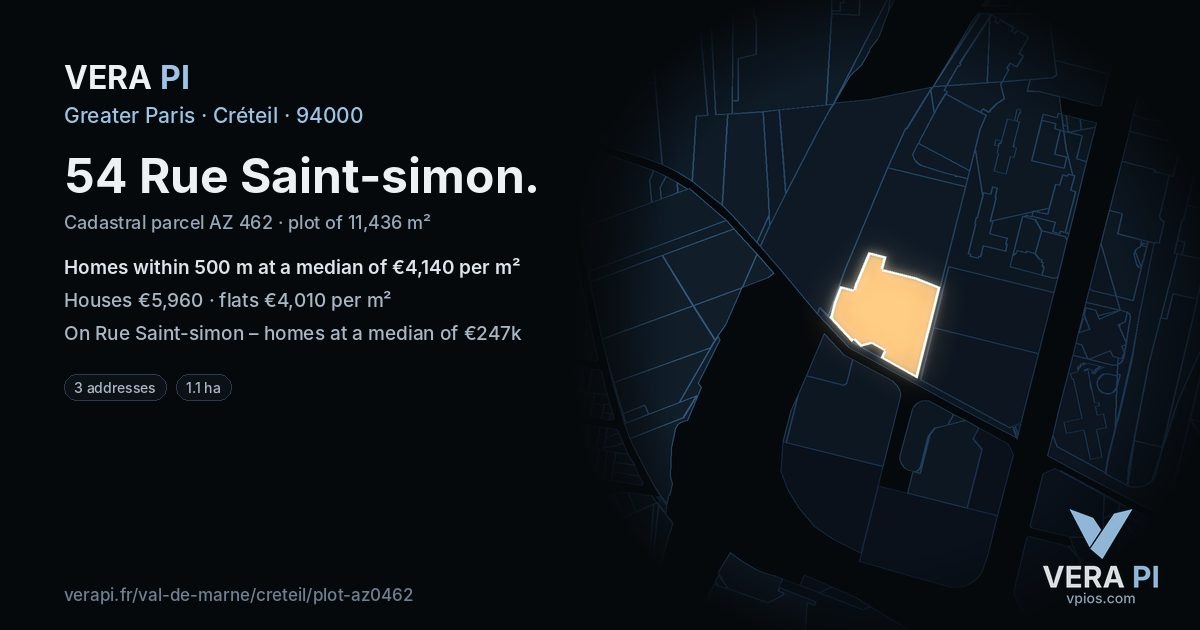 54 Rue Saint-simon, Créteil at night – the plot lit, the parcels around coloured by the prices near them