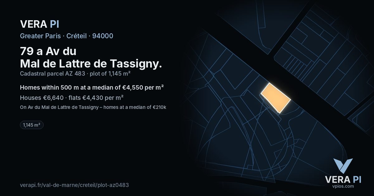 79 a Av du Mal de Lattre de Tassigny, Créteil at night – the plot lit, the parcels around coloured by the prices near them