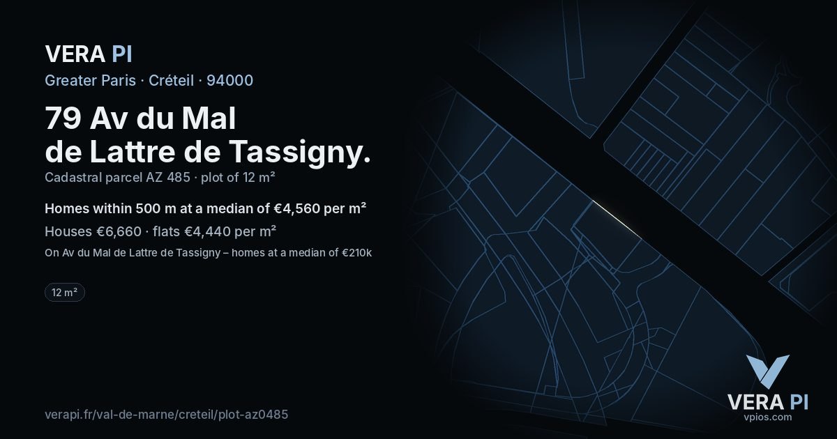 79 Av du Mal de Lattre de Tassigny, Créteil at night – the plot lit, the parcels around coloured by the prices near them