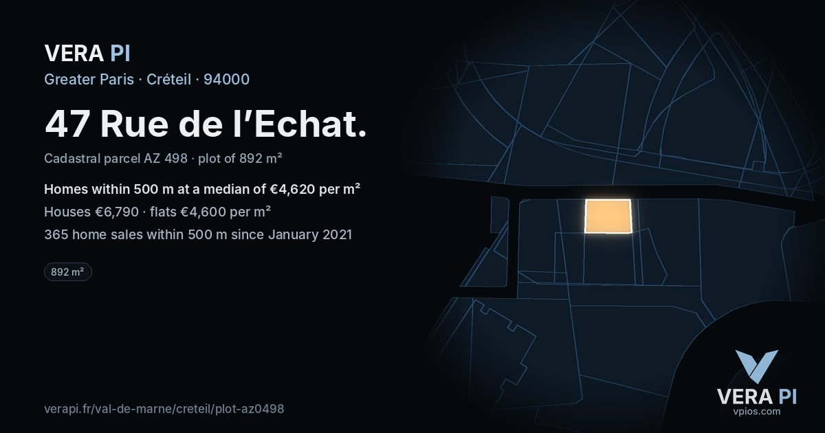47 Rue de l’Echat, Créteil at night – the plot lit, the parcels around coloured by the prices near them