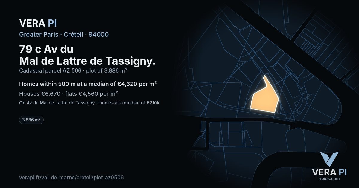 79 c Av du Mal de Lattre de Tassigny, Créteil at night – the plot lit, the parcels around coloured by the prices near them