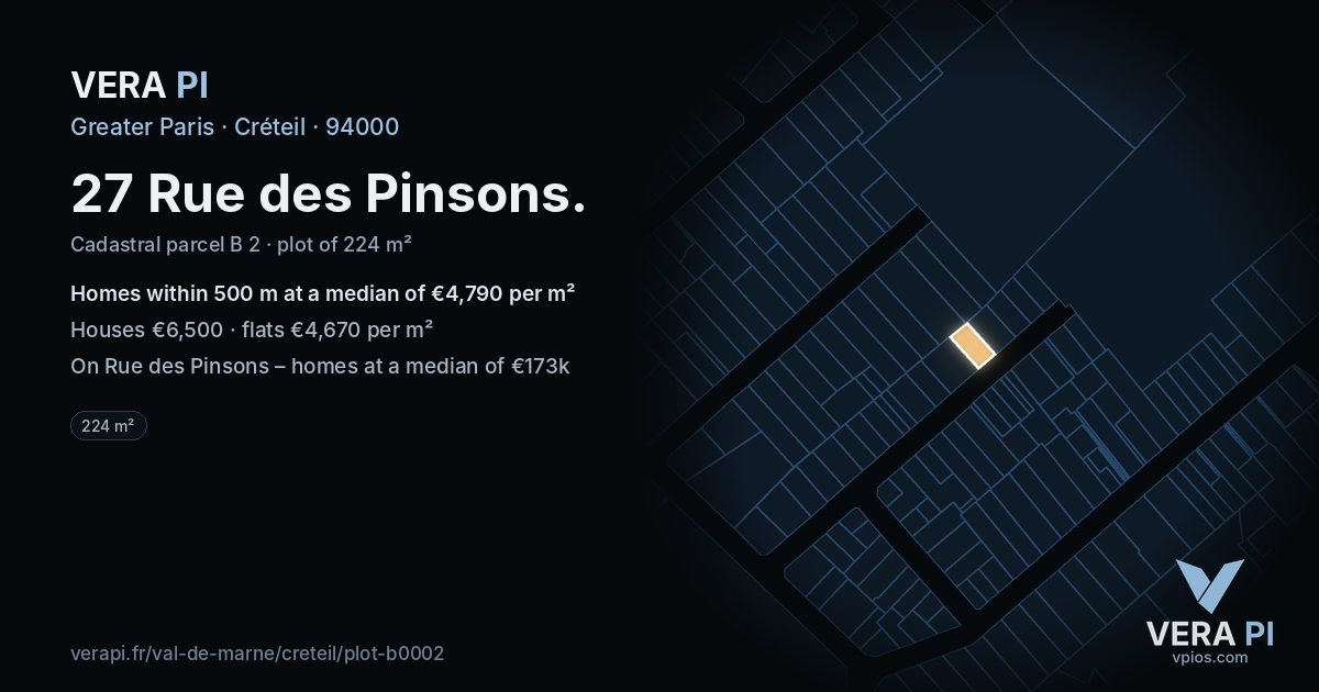 27 Rue des Pinsons, Créteil at night – the plot lit, the parcels around coloured by the prices near them