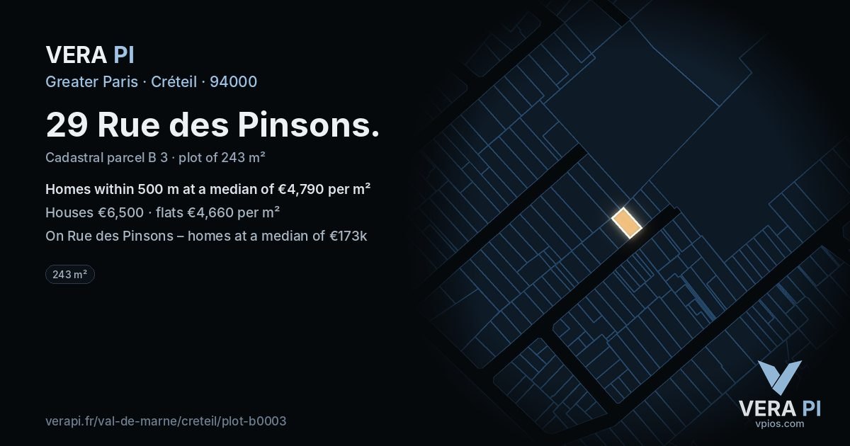 29 Rue des Pinsons, Créteil at night – the plot lit, the parcels around coloured by the prices near them