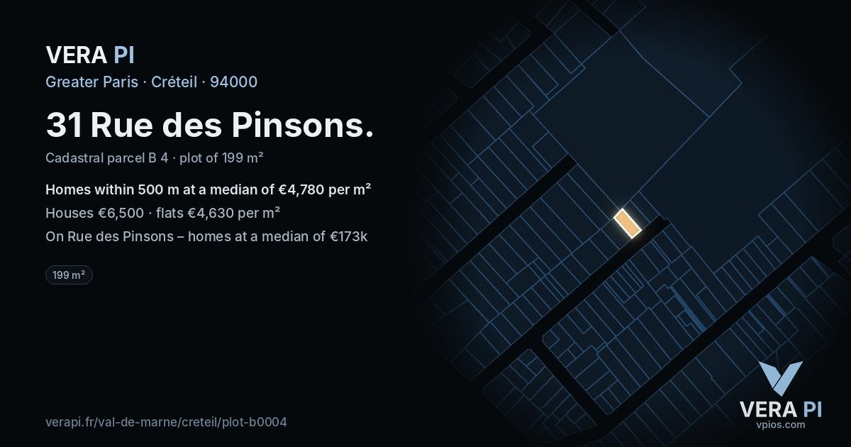 31 Rue des Pinsons, Créteil at night – the plot lit, the parcels around coloured by the prices near them