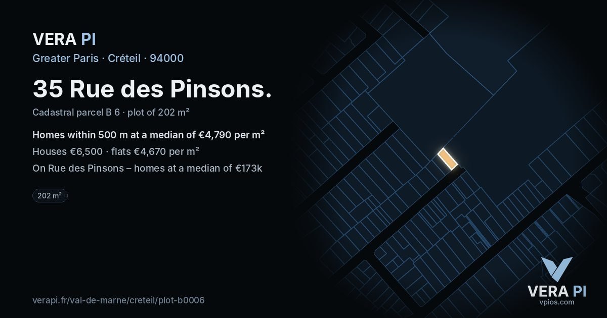 35 Rue des Pinsons, Créteil at night – the plot lit, the parcels around coloured by the prices near them