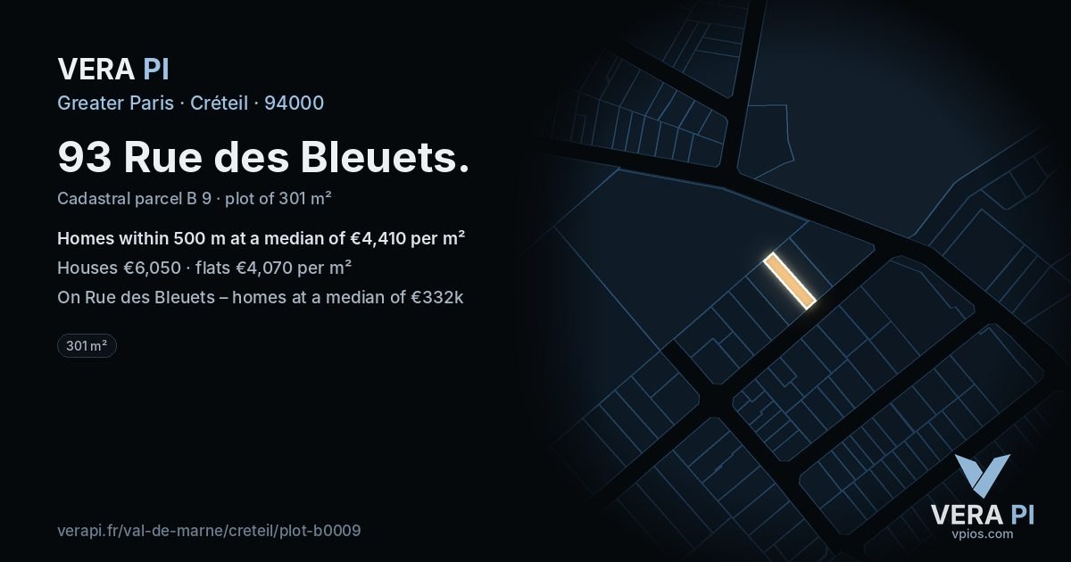 93 Rue des Bleuets, Créteil at night – the plot lit, the parcels around coloured by the prices near them