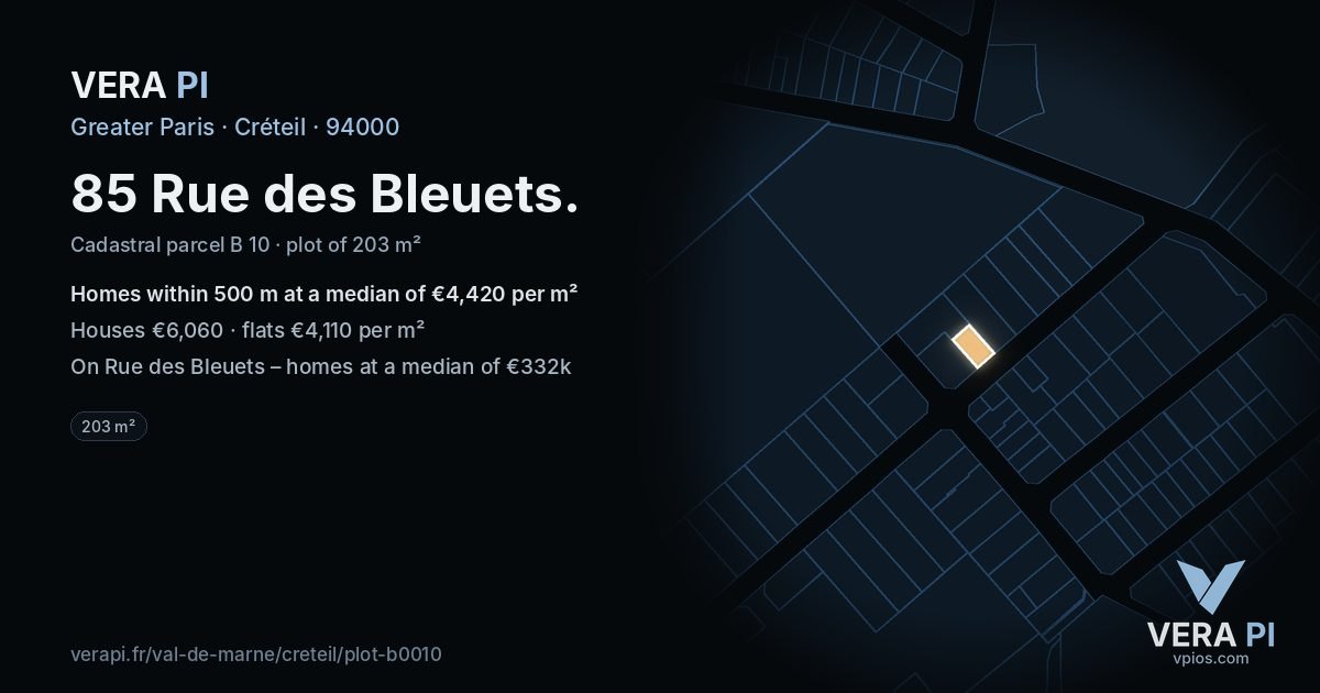 85 Rue des Bleuets, Créteil at night – the plot lit, the parcels around coloured by the prices near them