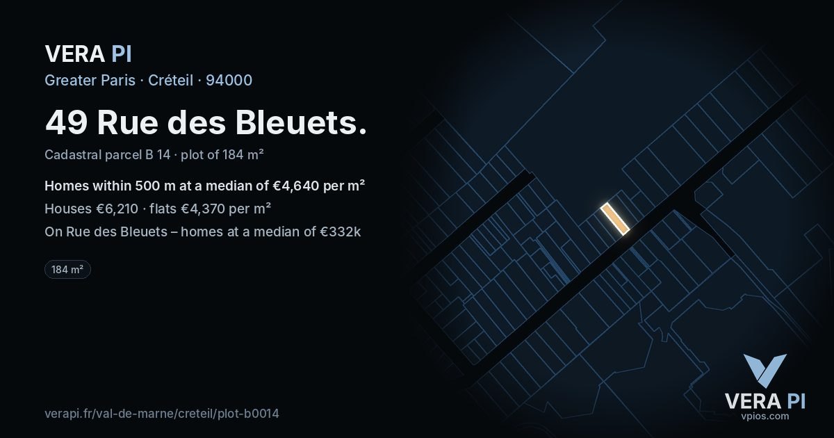 49 Rue des Bleuets, Créteil at night – the plot lit, the parcels around coloured by the prices near them