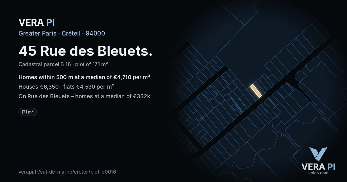 45 Rue des Bleuets, Créteil at night – the plot lit, the parcels around coloured by the prices near them