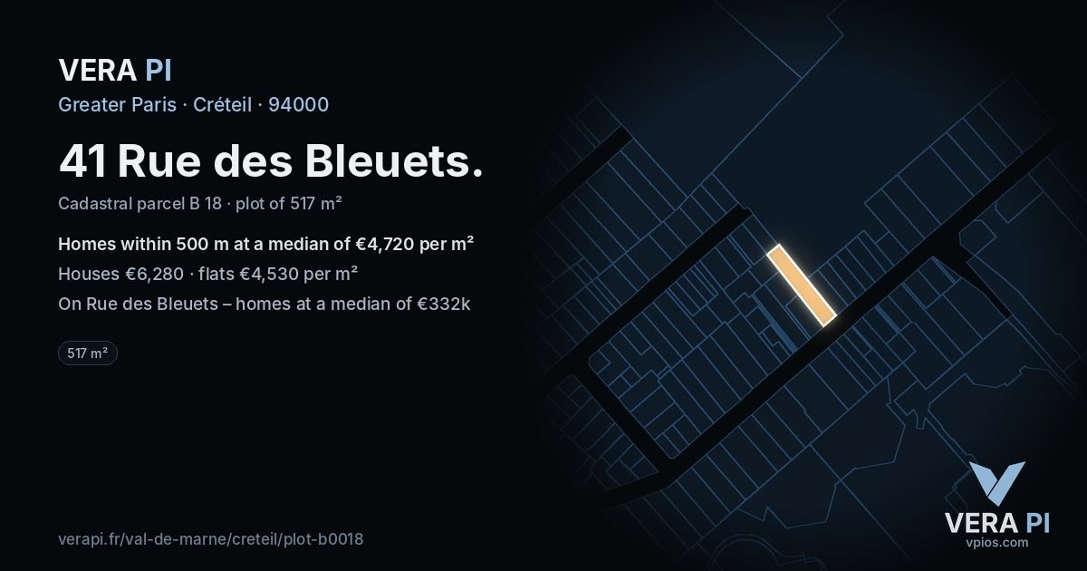 41 Rue des Bleuets, Créteil at night – the plot lit, the parcels around coloured by the prices near them