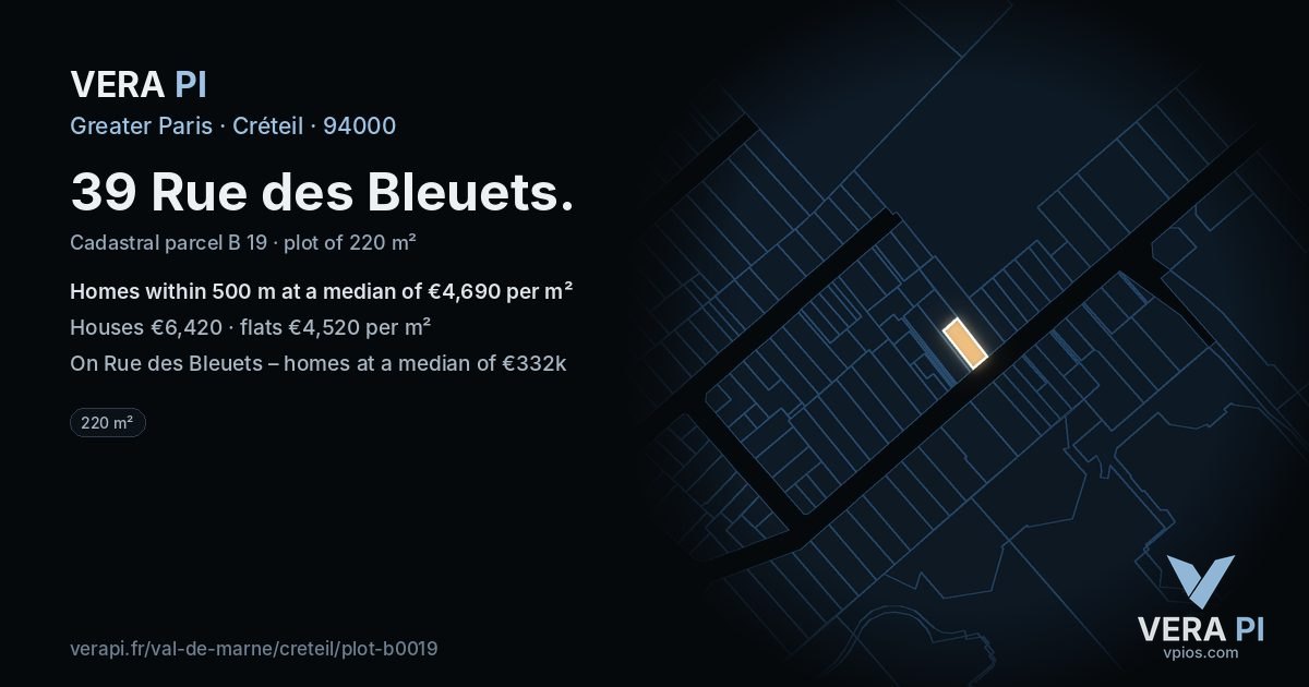 39 Rue des Bleuets, Créteil at night – the plot lit, the parcels around coloured by the prices near them