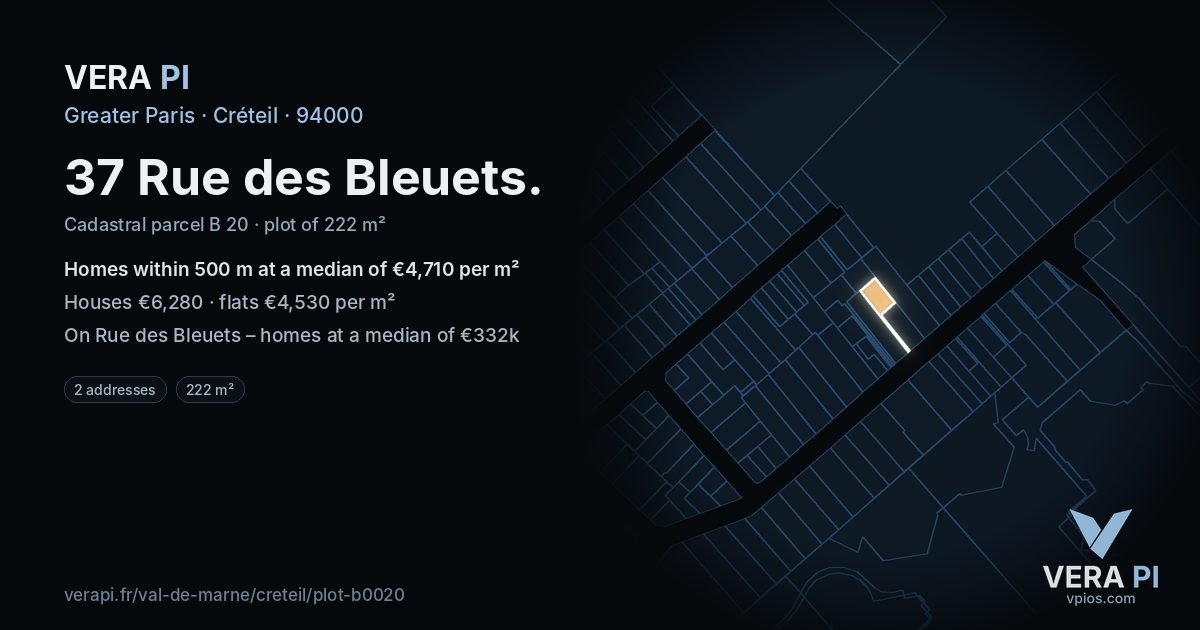 37 Rue des Bleuets, Créteil at night – the plot lit, the parcels around coloured by the prices near them