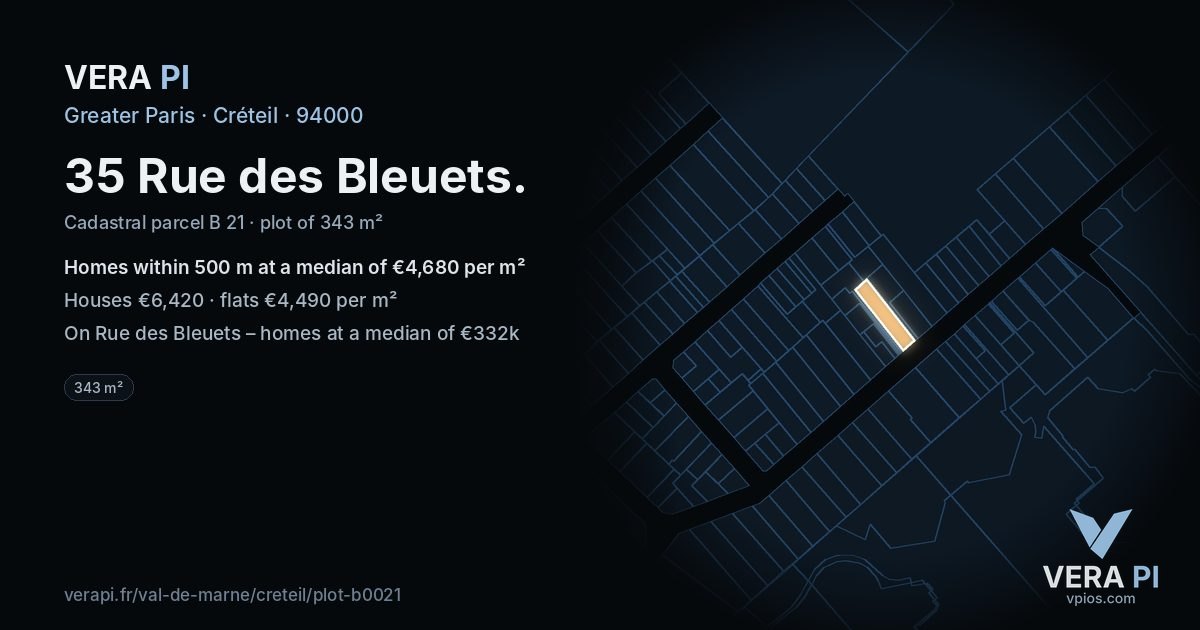 35 Rue des Bleuets, Créteil at night – the plot lit, the parcels around coloured by the prices near them