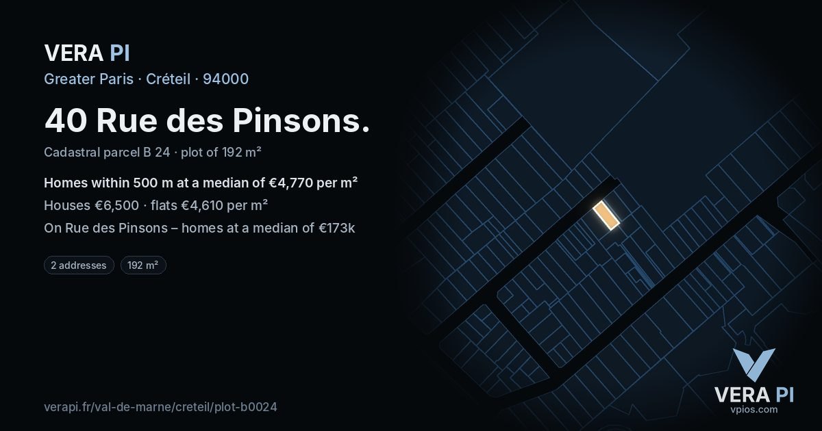 40 Rue des Pinsons, Créteil at night – the plot lit, the parcels around coloured by the prices near them