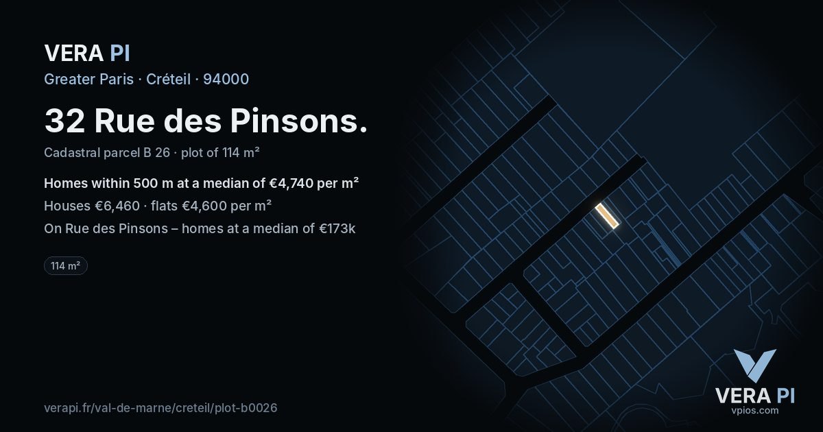 32 Rue des Pinsons, Créteil at night – the plot lit, the parcels around coloured by the prices near them
