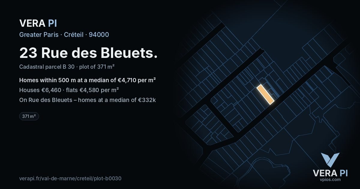 23 Rue des Bleuets, Créteil at night – the plot lit, the parcels around coloured by the prices near them