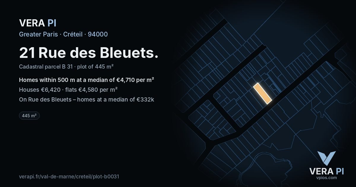 21 Rue des Bleuets, Créteil at night – the plot lit, the parcels around coloured by the prices near them