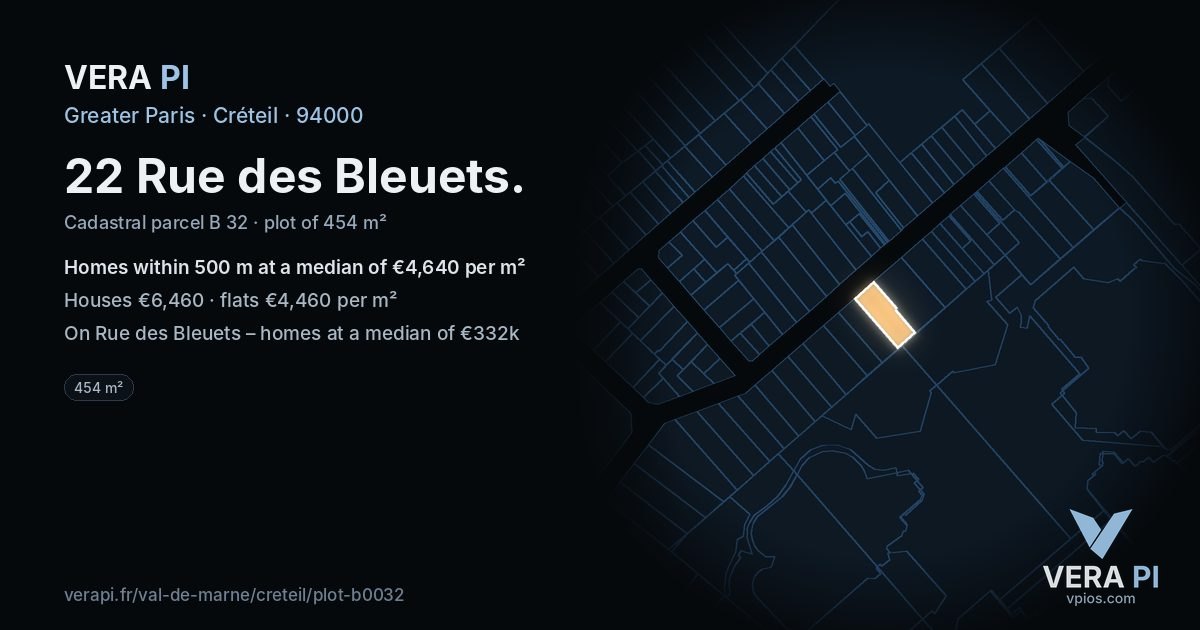 22 Rue des Bleuets, Créteil at night – the plot lit, the parcels around coloured by the prices near them