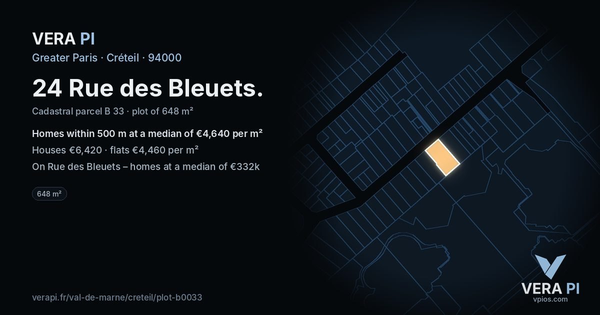 24 Rue des Bleuets, Créteil at night – the plot lit, the parcels around coloured by the prices near them