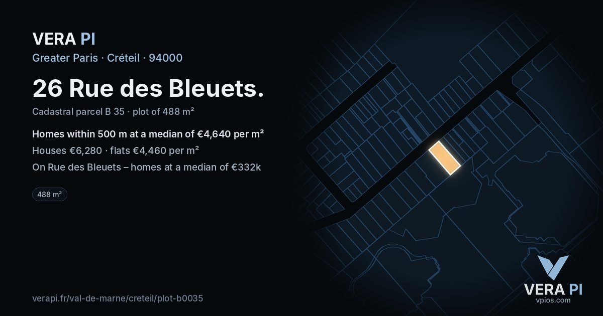 26 Rue des Bleuets, Créteil at night – the plot lit, the parcels around coloured by the prices near them